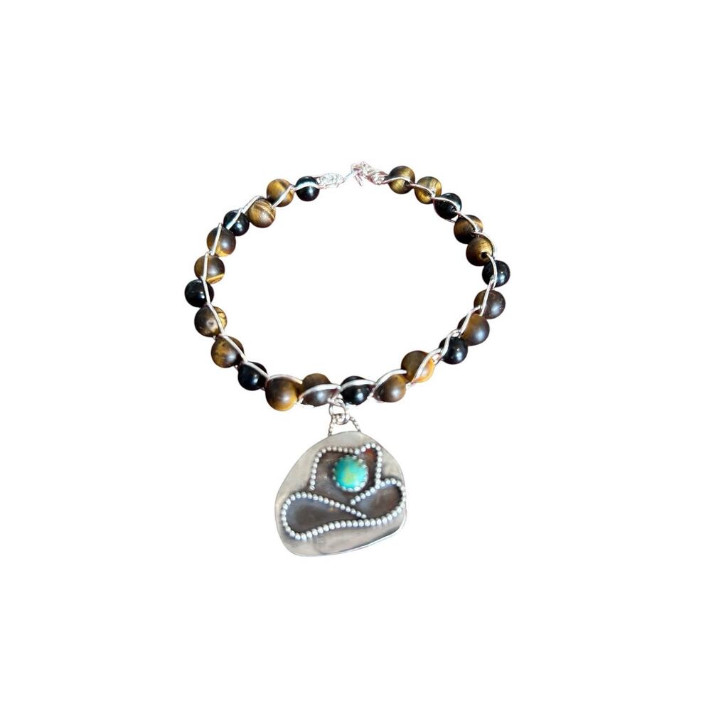 Kingman Turquoise Silver And Tiger Eye Bracelet With Cowboy Hat Charm Handmade